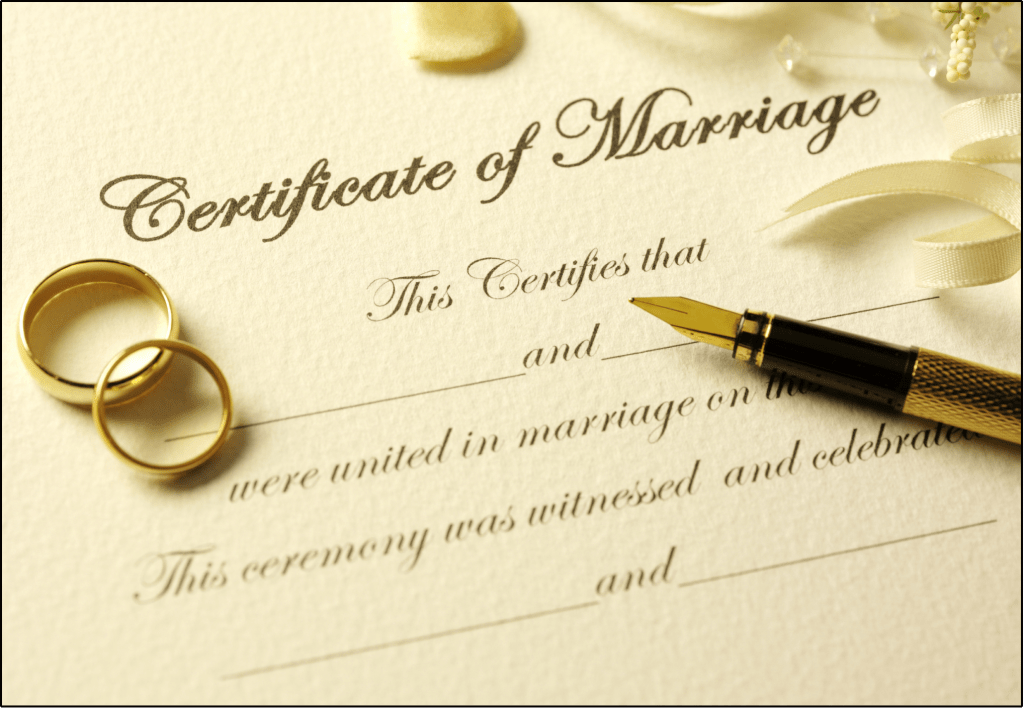 Certificate of marriage license in New Jersey