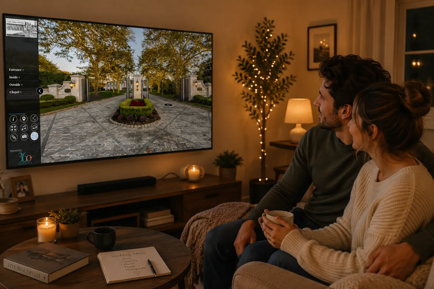 Engaged couple browsing NJ wedding venue virtual tours from home on a laptop, planning their wedding together