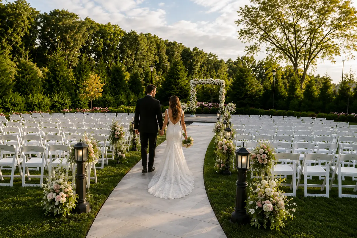 Bride and groom walking through a decorated wedding ceremony space at Chateau Grande Hotel, florals and candles in place